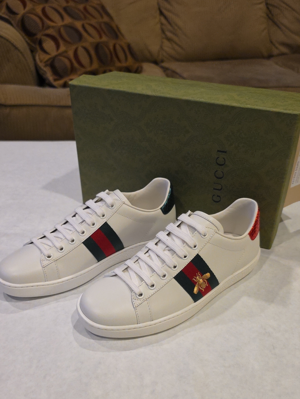 Gucci White Leather Sneakers with Green-Red Web and Gold Bee